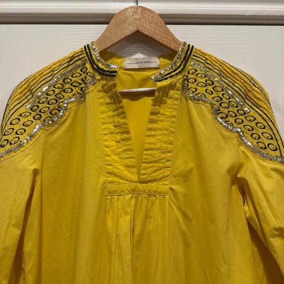 Purificacion Garcia Mini Tunic Dress Women’s S Yellow Beaded Long Sleeves Boho - Picture 3 of 10